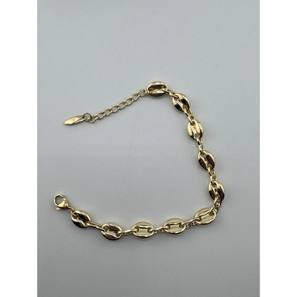 14k Gold Plated Puffed Mariner Link Bracelet CZ Coffee Bean Adjustable Chain